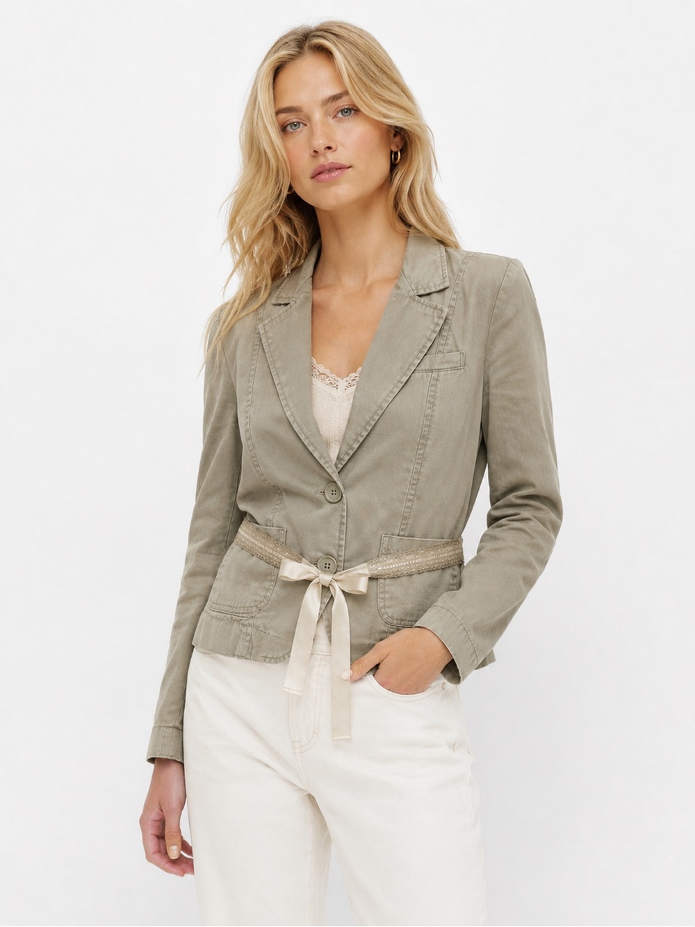 Aritzia Talula Khaki Blazer with Lace Ribbon Belt